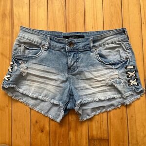 Billabong Lite Hearted Distressed Lace Up Denim Shorts Light Wash Size 25
